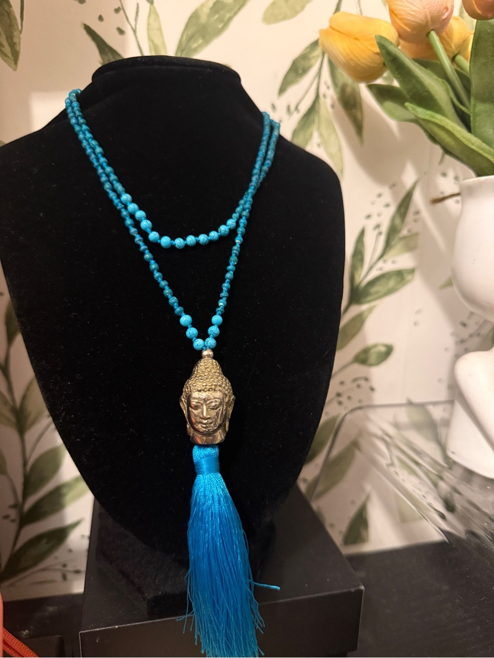 Turquoise Beaded Buddha Pendant Necklace with Tassel - Unbranded
